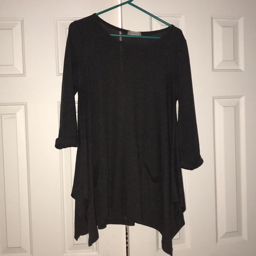 dark grey 3/4 sleeve asymmetrical blouse